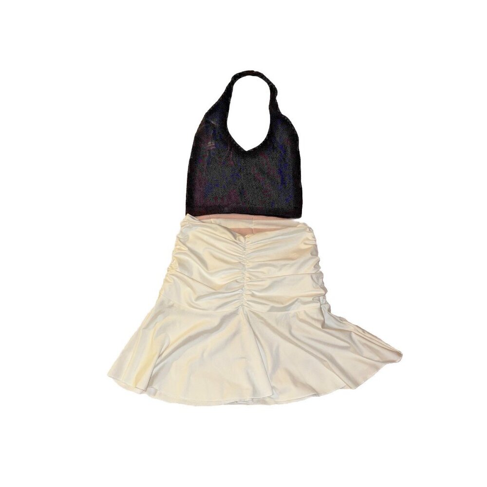 Womens XS Casual Rib Halter Neck Bodycon Tank Crop Top & Mini Skirt Set Parties